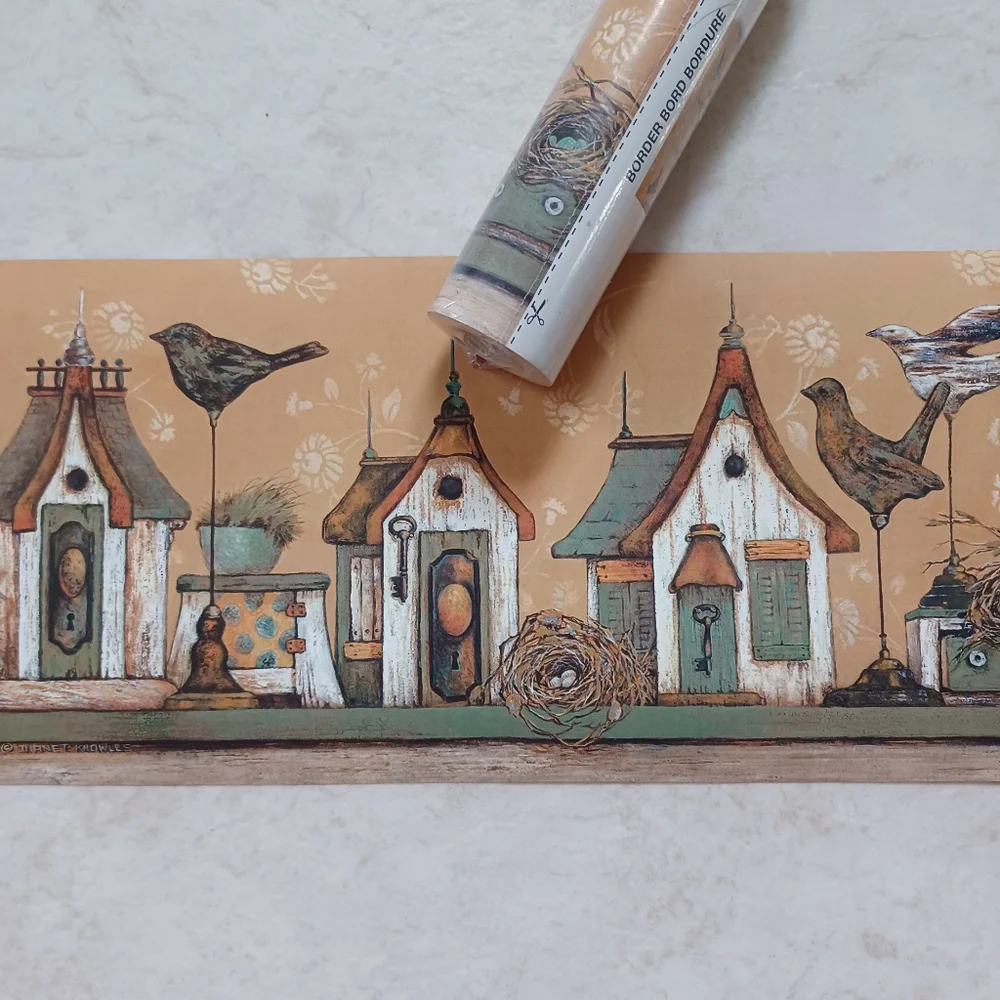 Wallpaper Border Country Wooden Birdhouses Knowles Teal 2 Rolls